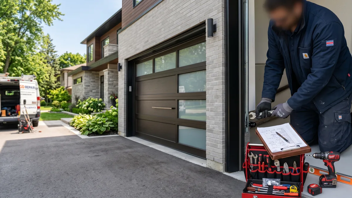 Homeowner reviewing garage door replacement permit paperwork at a GTA building department counter