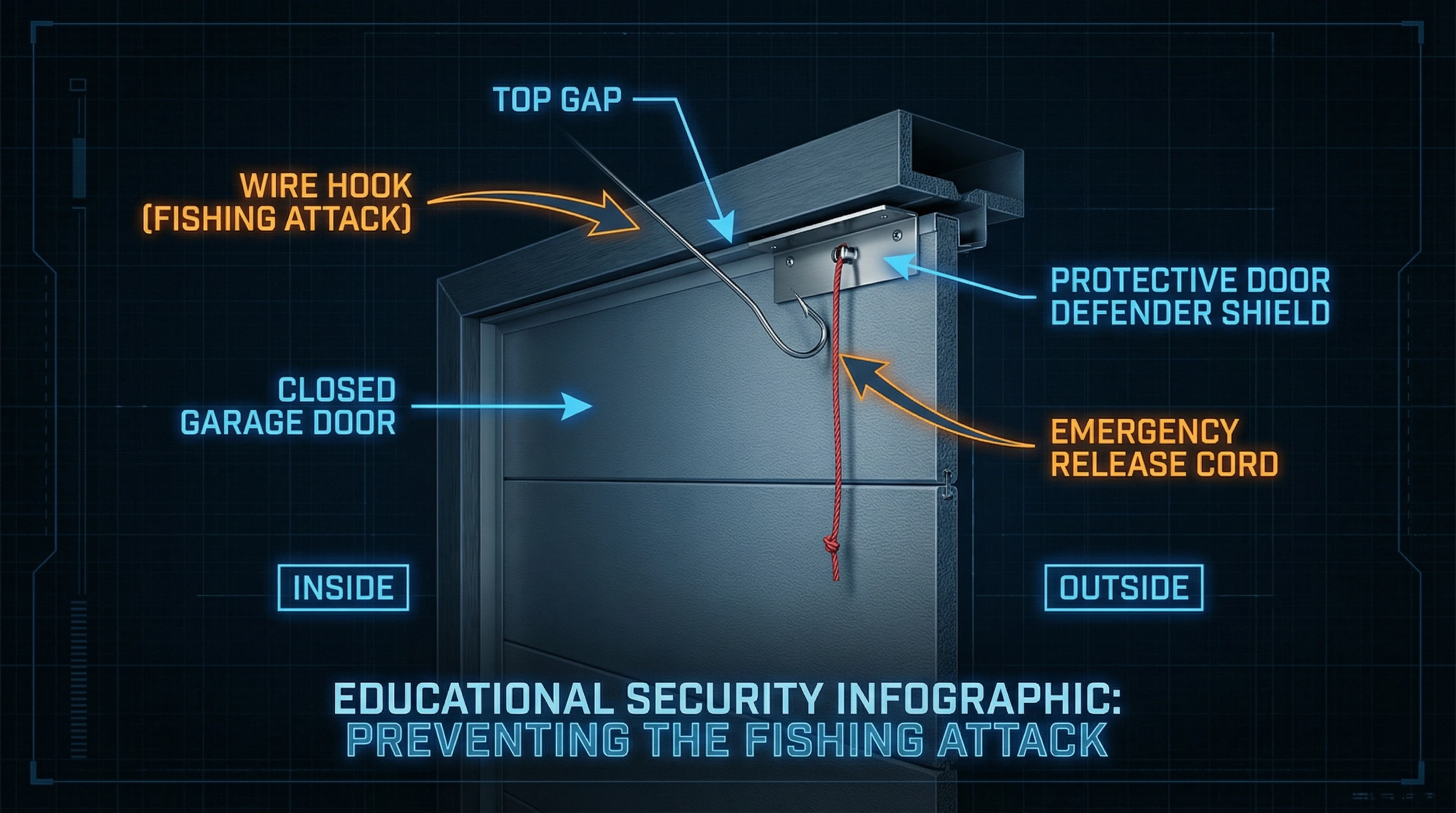 Garage door showing emergency release cord vulnerability and security shield