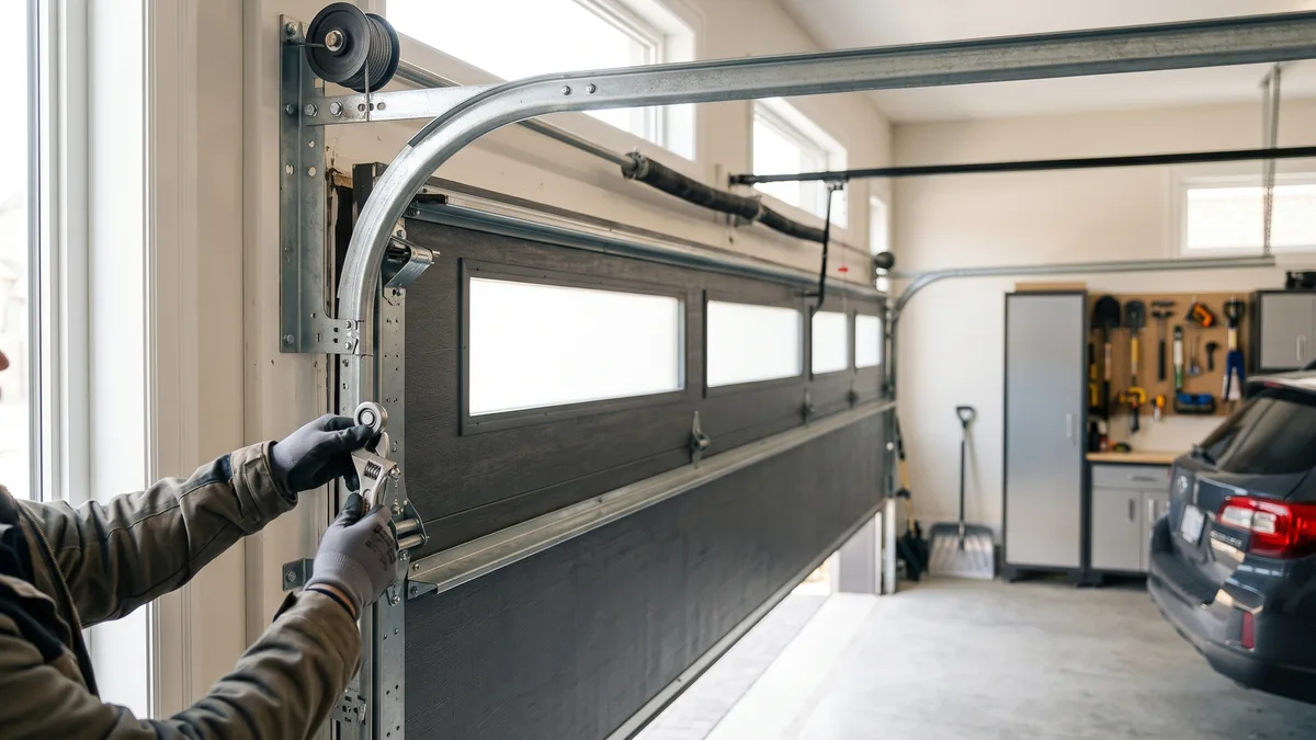 Technician inspecting a vibrating garage door track and rollers in a Toronto garage