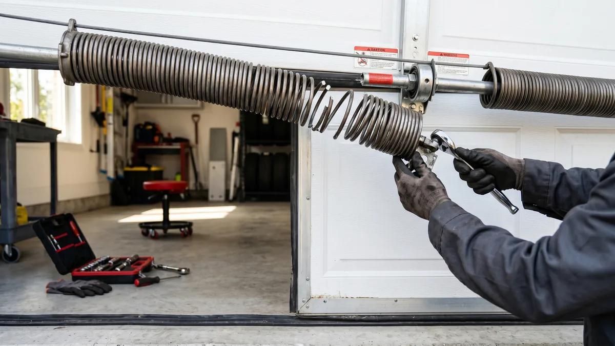 Heavy residential garage door dropping fast as it slams shut against the floor