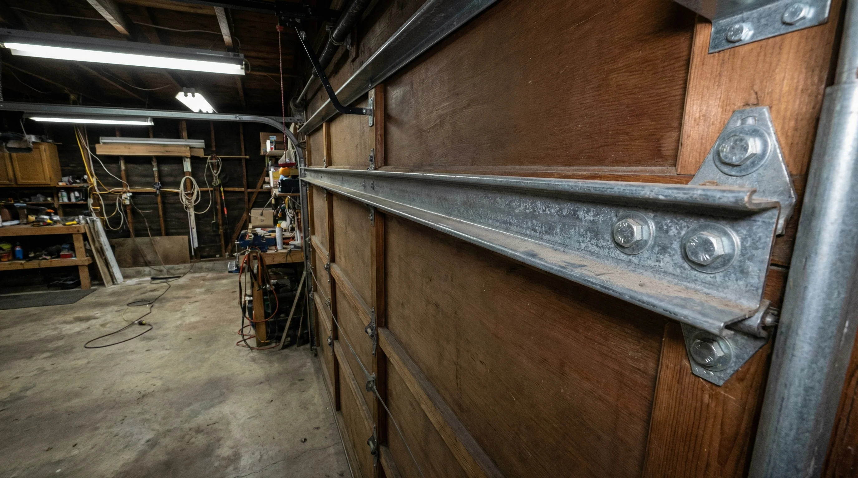 Garage door strut reinforcement for bowing panels