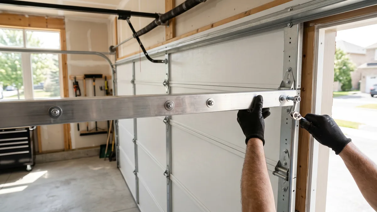Horizontal steel strut bar reinforcing the top section of a residential garage door