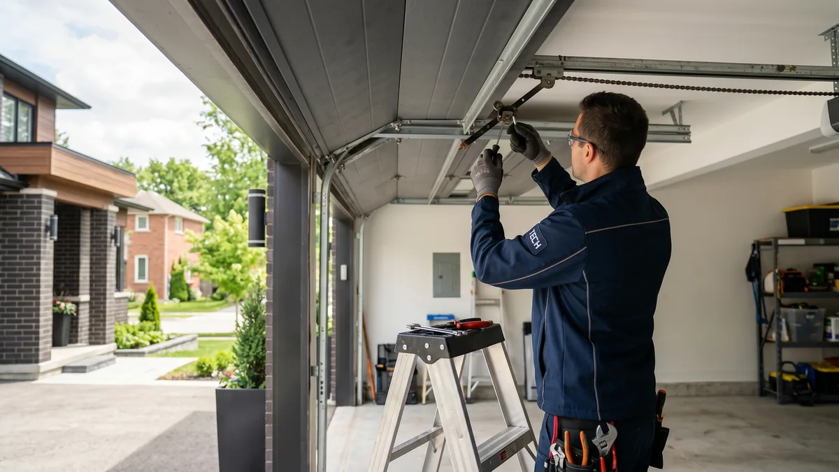 Garage door stuck open at the top of its travel in a Toronto driveway at dusk
