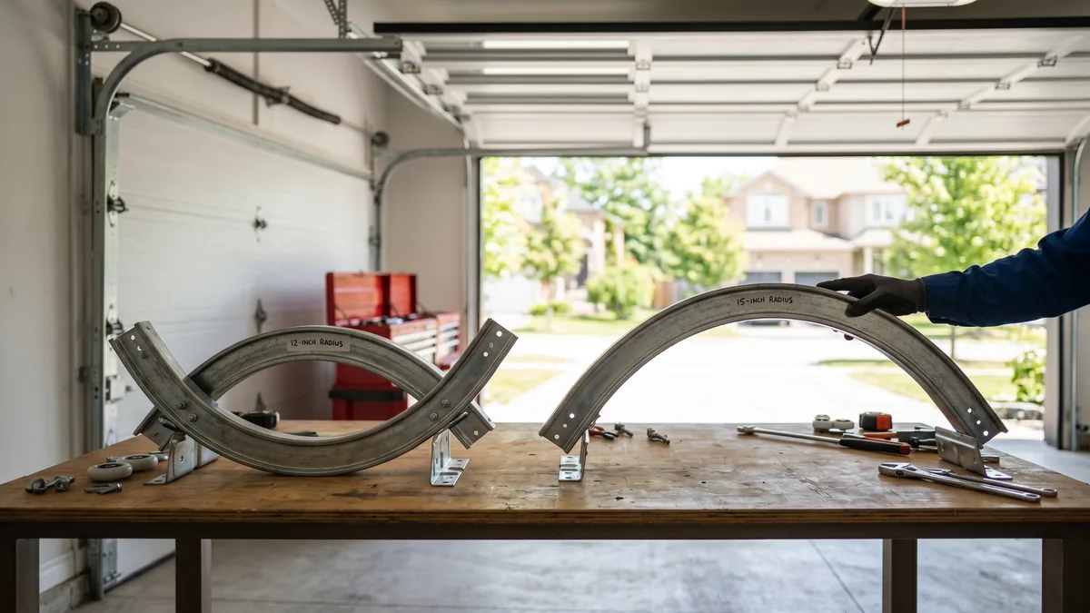 Close-up of a garage door curved track elbow showing the 12 inch versus 15 inch radius turn