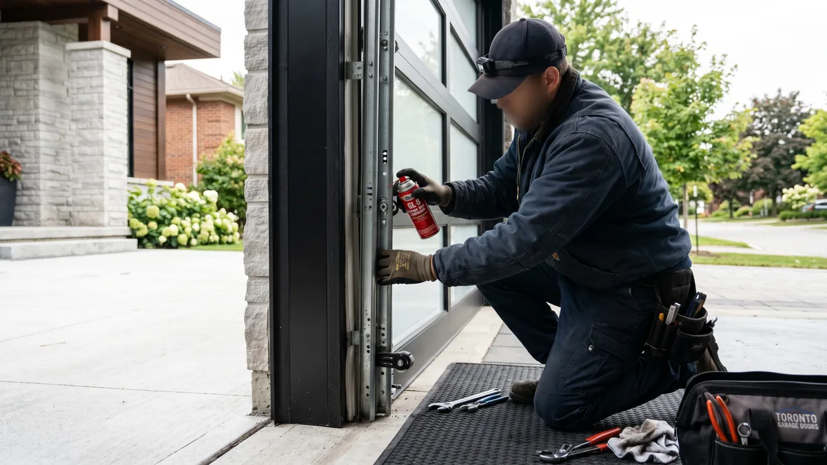 Technician lubricating rollers and tightening hardware during a garage door tune-up in a Mississauga garage