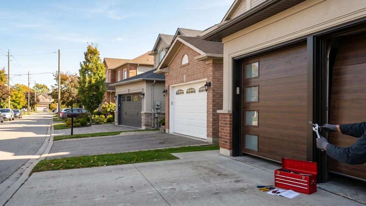 Different garage door types including sectional, roll-up, side-hinged and full-view glass styles on GTA homes