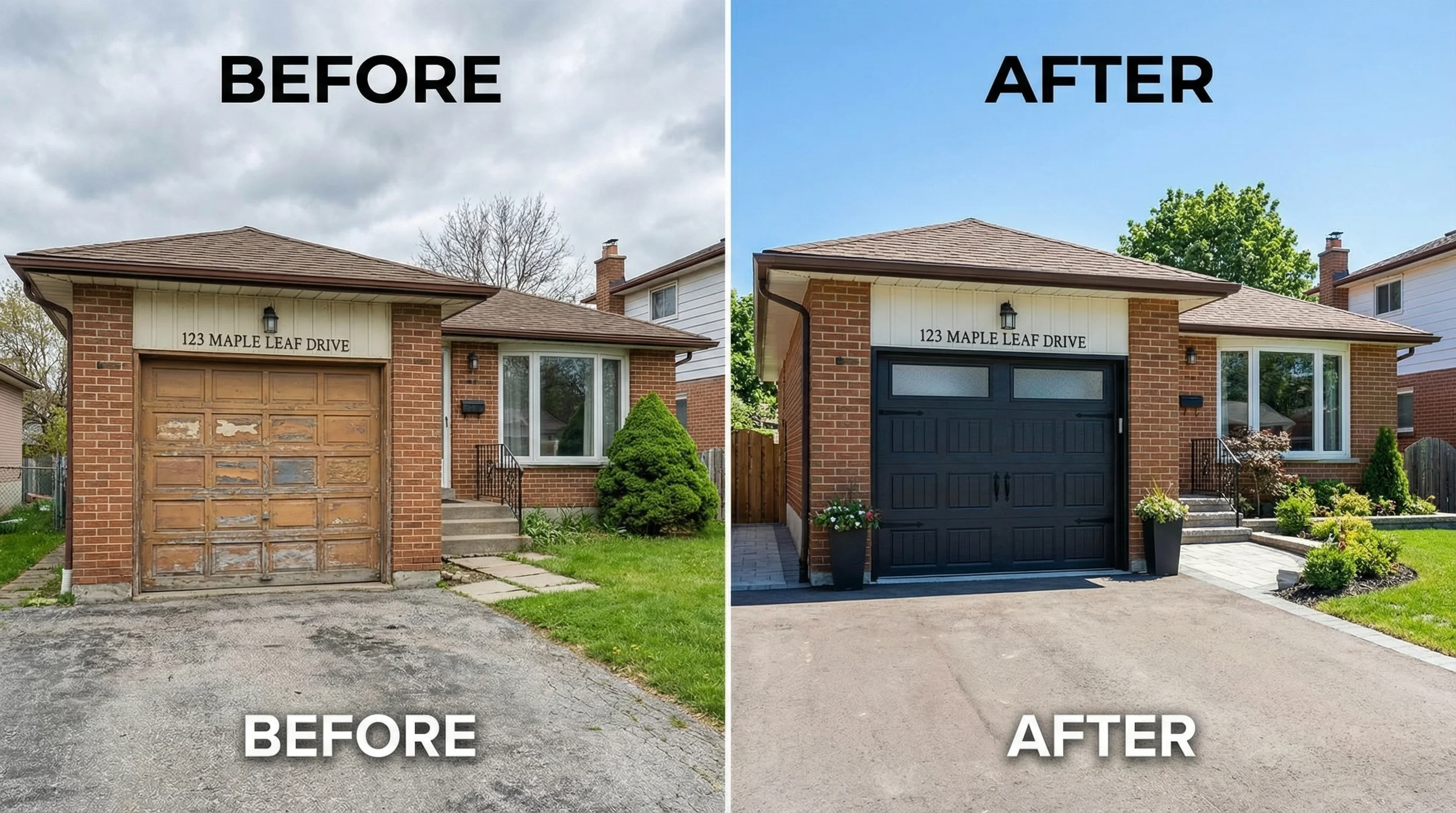 Before and after garage door replacement Toronto suburban home curb appeal improvement