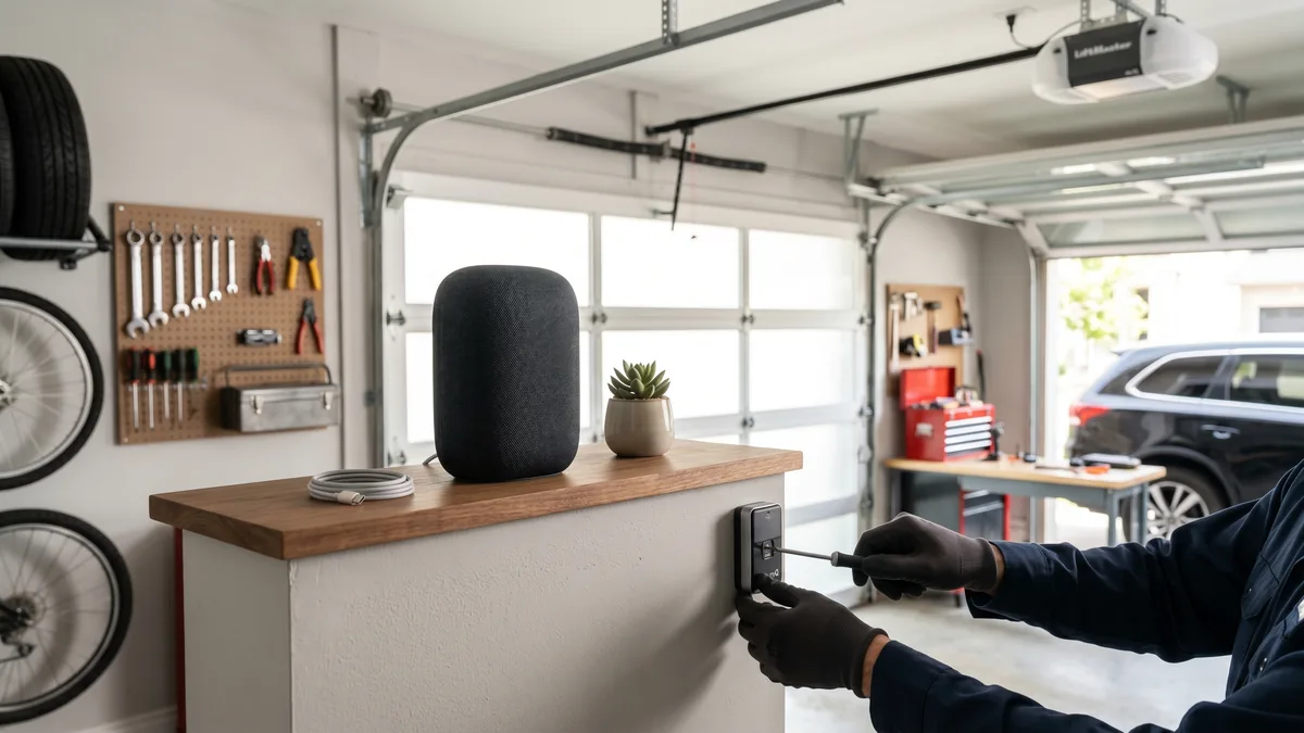 Smart speaker on a workbench beside a garage door opener for voice control setup