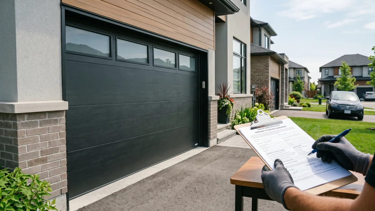 Garage door warranty paperwork and invoice being reviewed beside a new insulated steel garage door in a GTA home