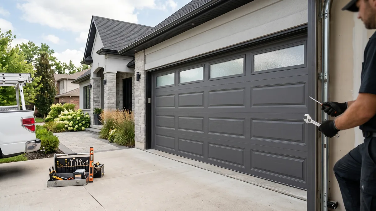 Modern garage door with a horizontal row of frosted windows across the top section