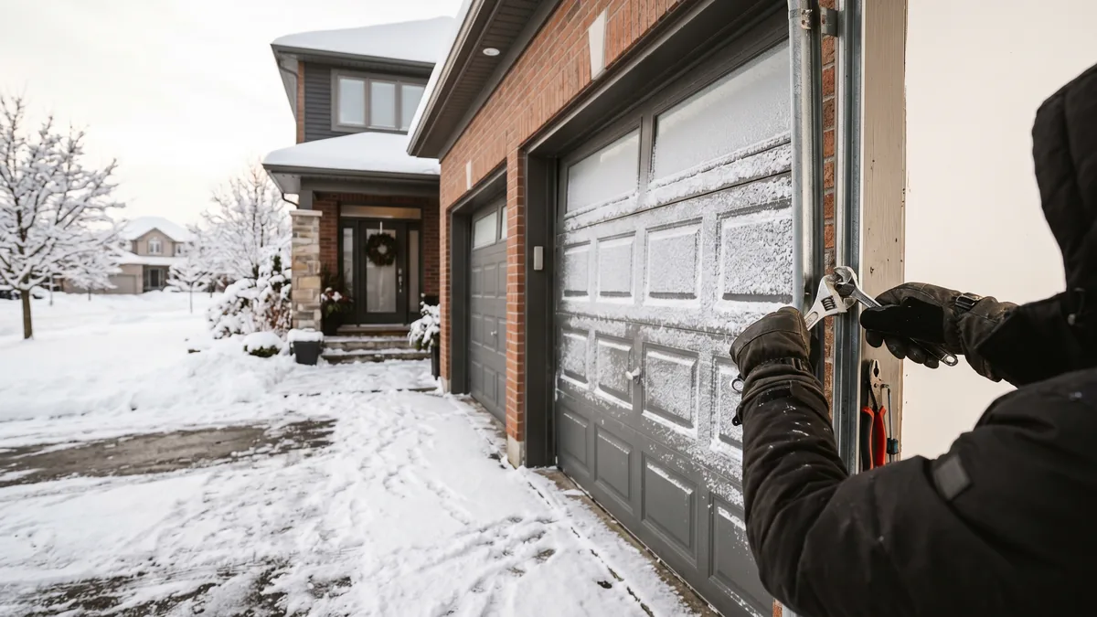 Technician performing garage door winter maintenance on a GTA home in cold weather