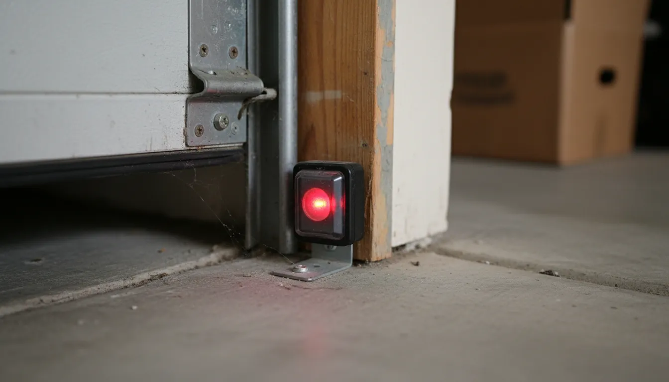 Garage door opener light blinking with safety sensors in foreground