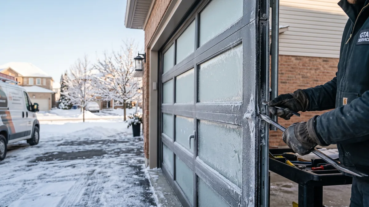 Snow-covered garage door in a Toronto driveway during a cold GTA winter