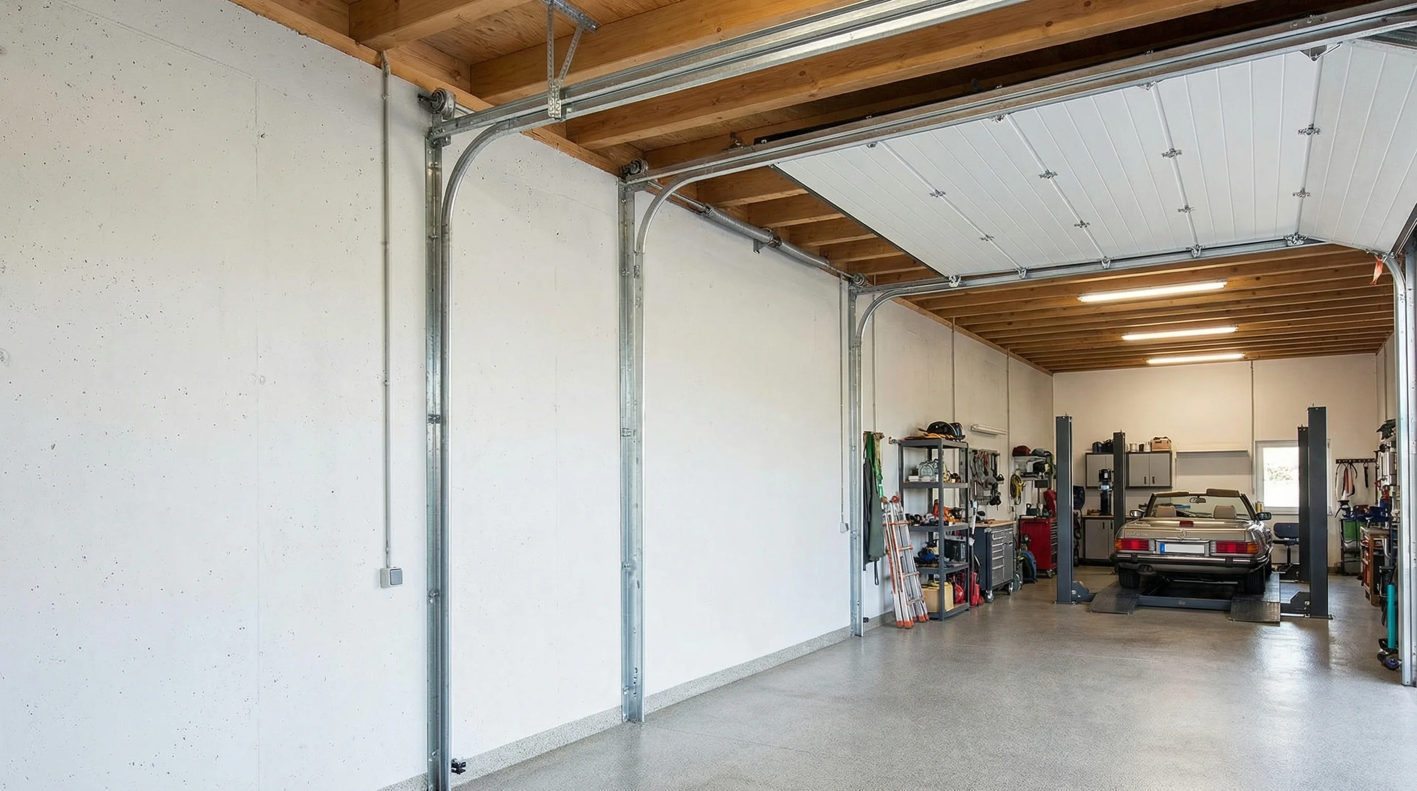 High-lift garage door track conversion for car lift clearance