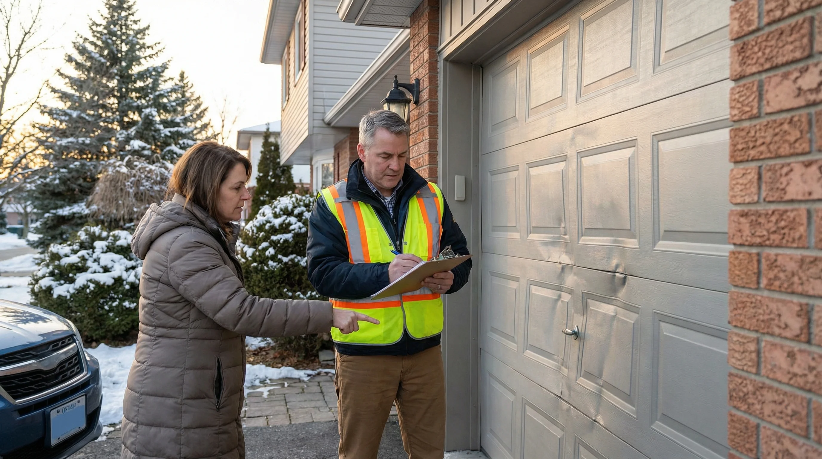 Insurance adjuster inspecting damaged garage door with homeowner at suburban Canadian home