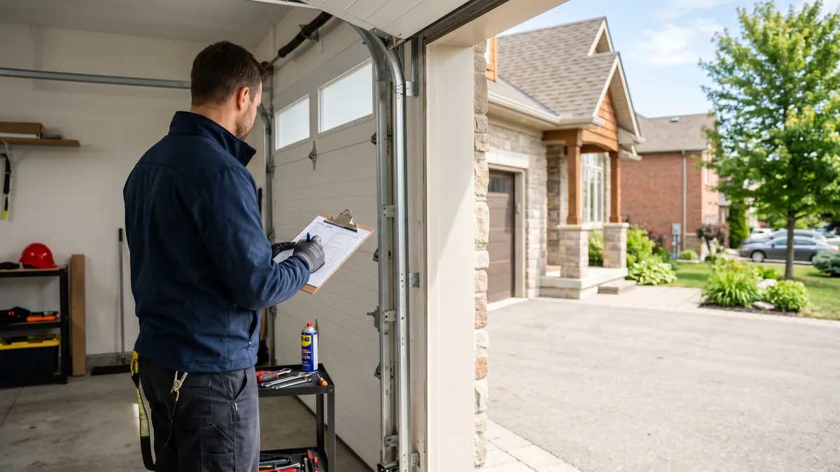 Technician performing a routine maintenance tune-up on a residential garage door in a Mississauga home