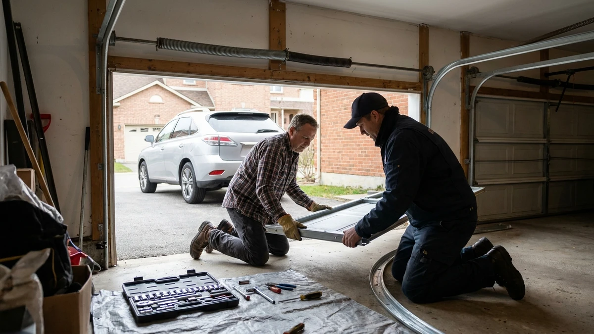 Homeowner and technician assembling garage door panels during a residential installation