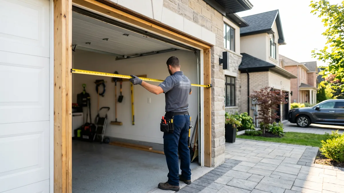 Technician using a tape measure to measure the width of a garage door opening