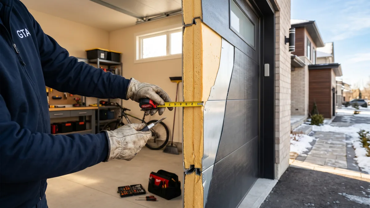 Cutaway of an insulated polyurethane-core steel garage door showing foam insulation between panels in a GTA garage