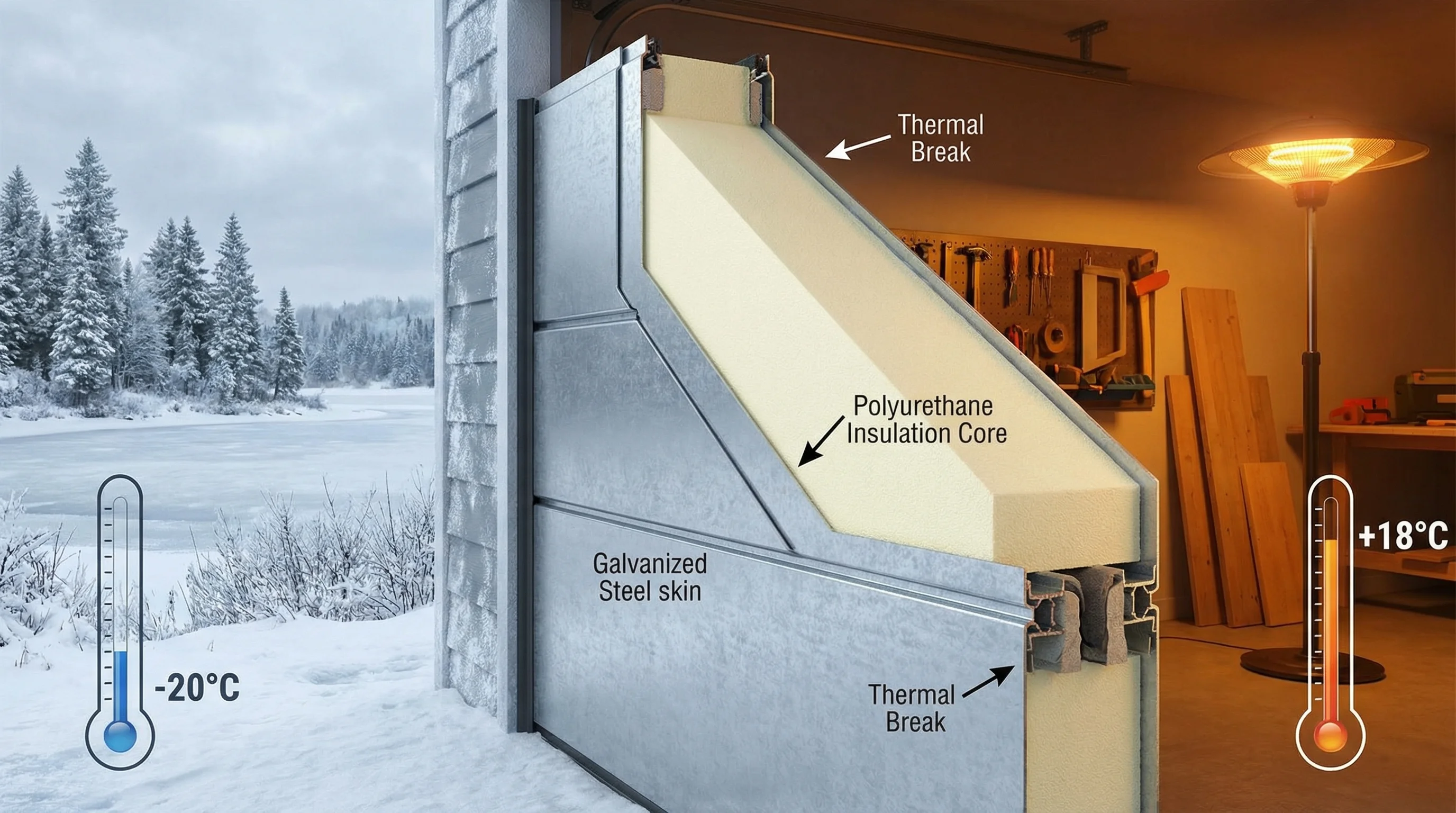 Insulated garage door cross-section showing polyurethane foam core energy efficiency Canadian winter