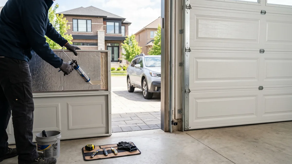 DIY garage door insulation kit foam panels next to a new factory-insulated steel garage door in a GTA garage