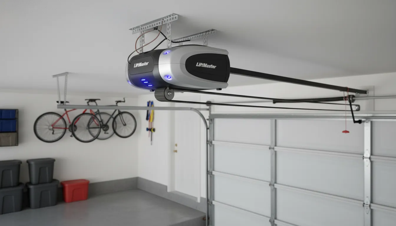 LiftMaster garage door opener unit mounted on ceiling