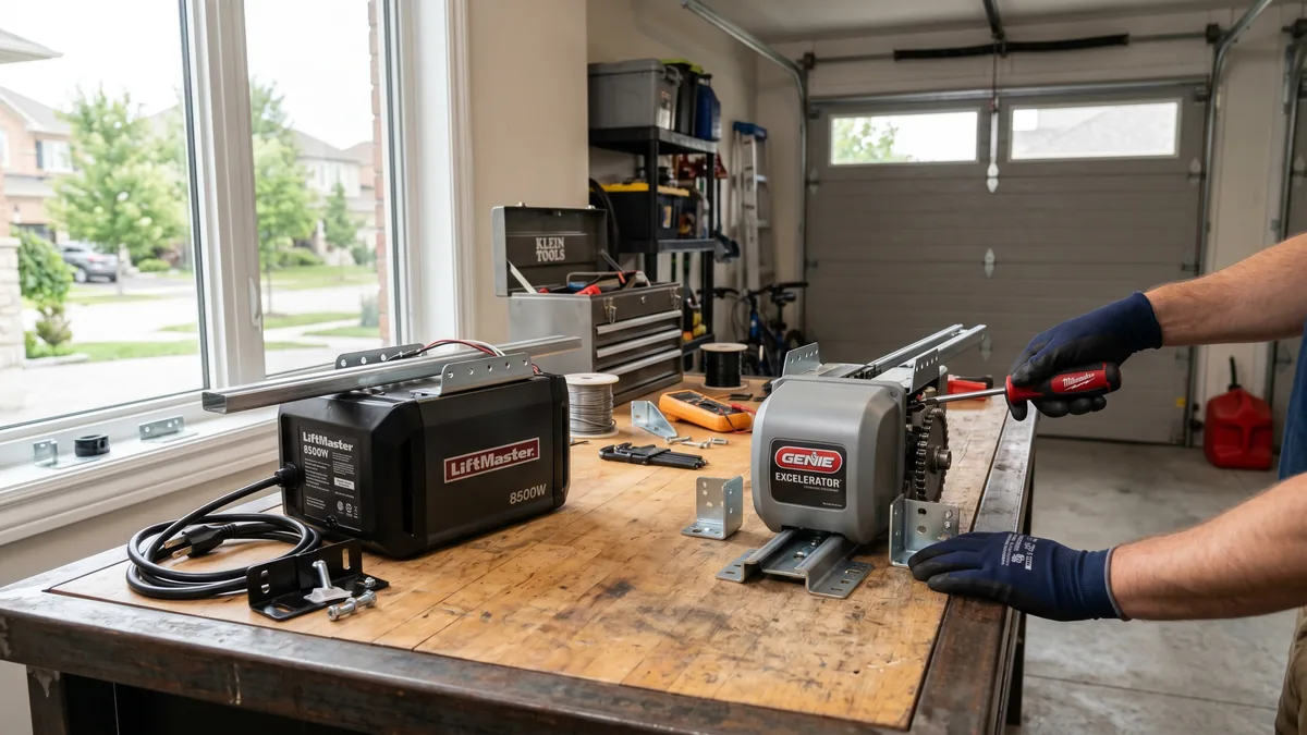 LiftMaster and Genie garage door openers mounted side by side in a GTA garage for comparison