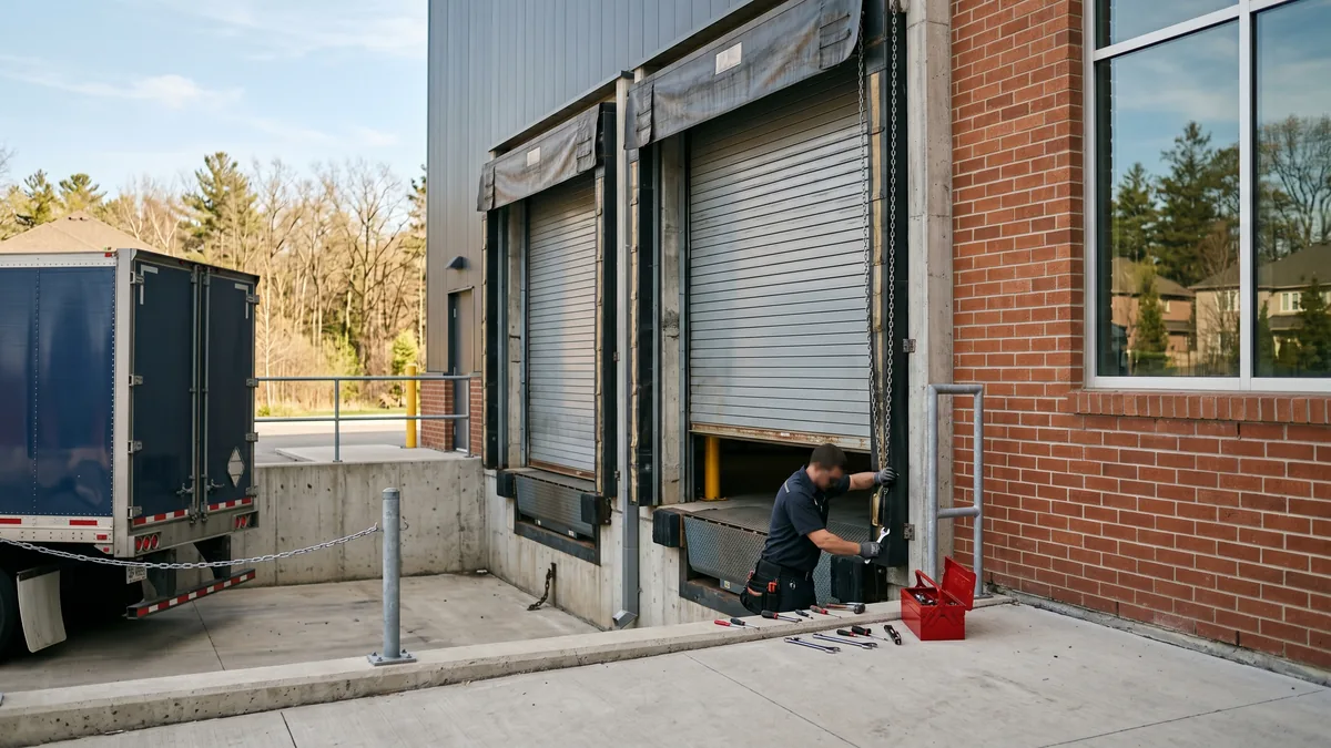 Row of insulated sectional loading dock doors with seals at a GTA warehouse facility