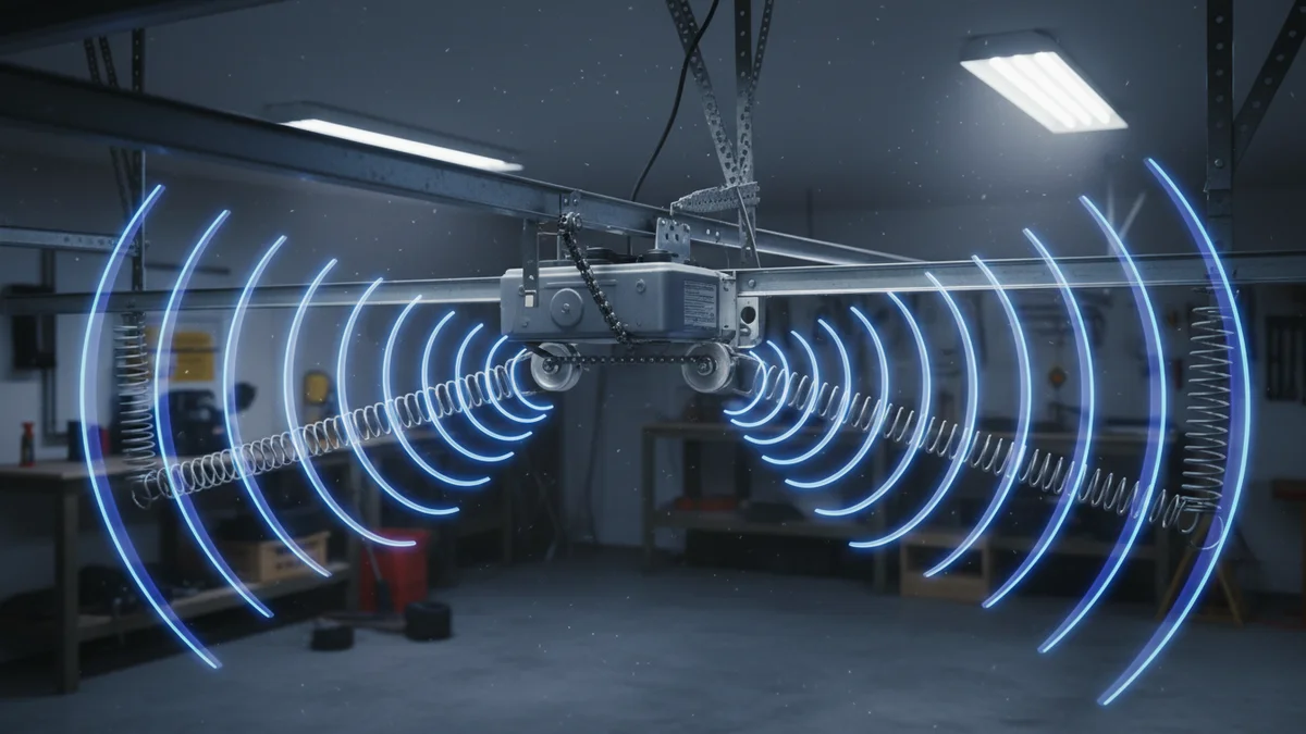 Noisy garage door with worn parts highlighted