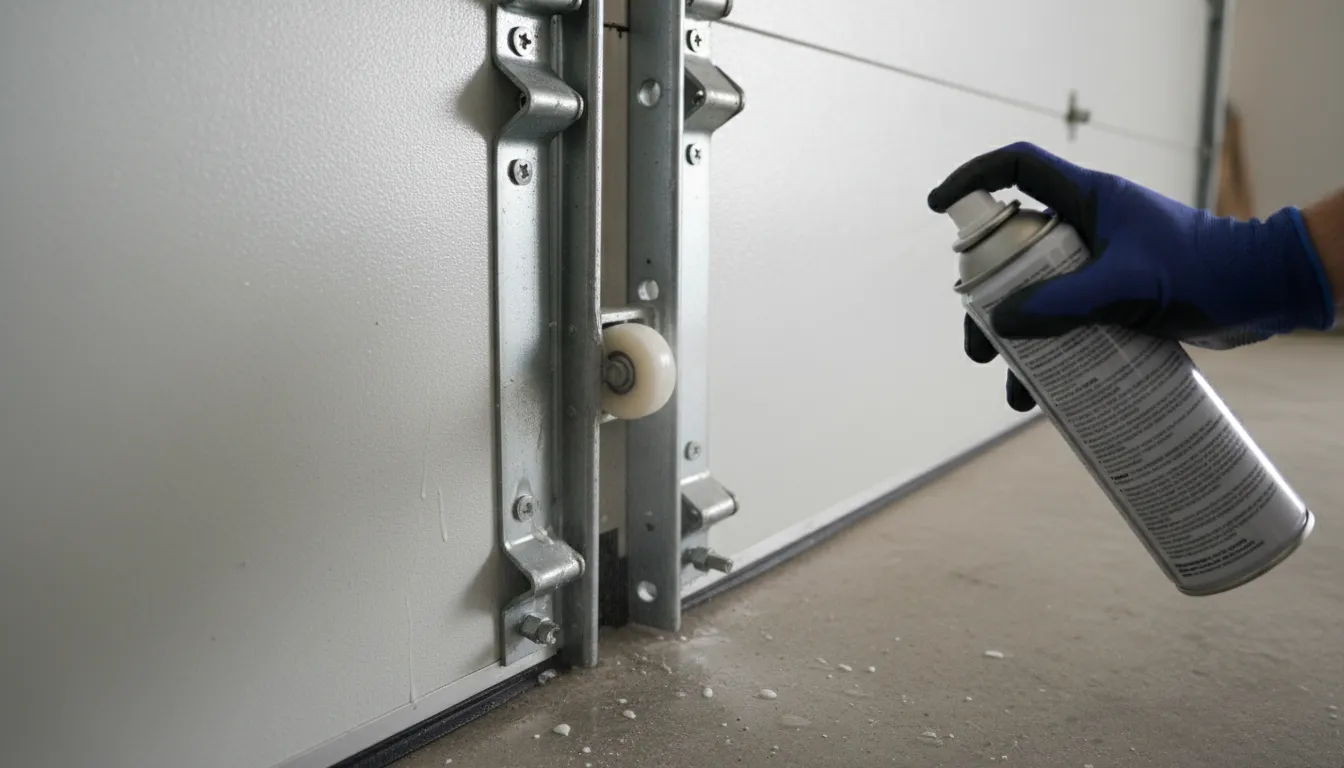 Technician lubricating garage door hinges with silicone spray