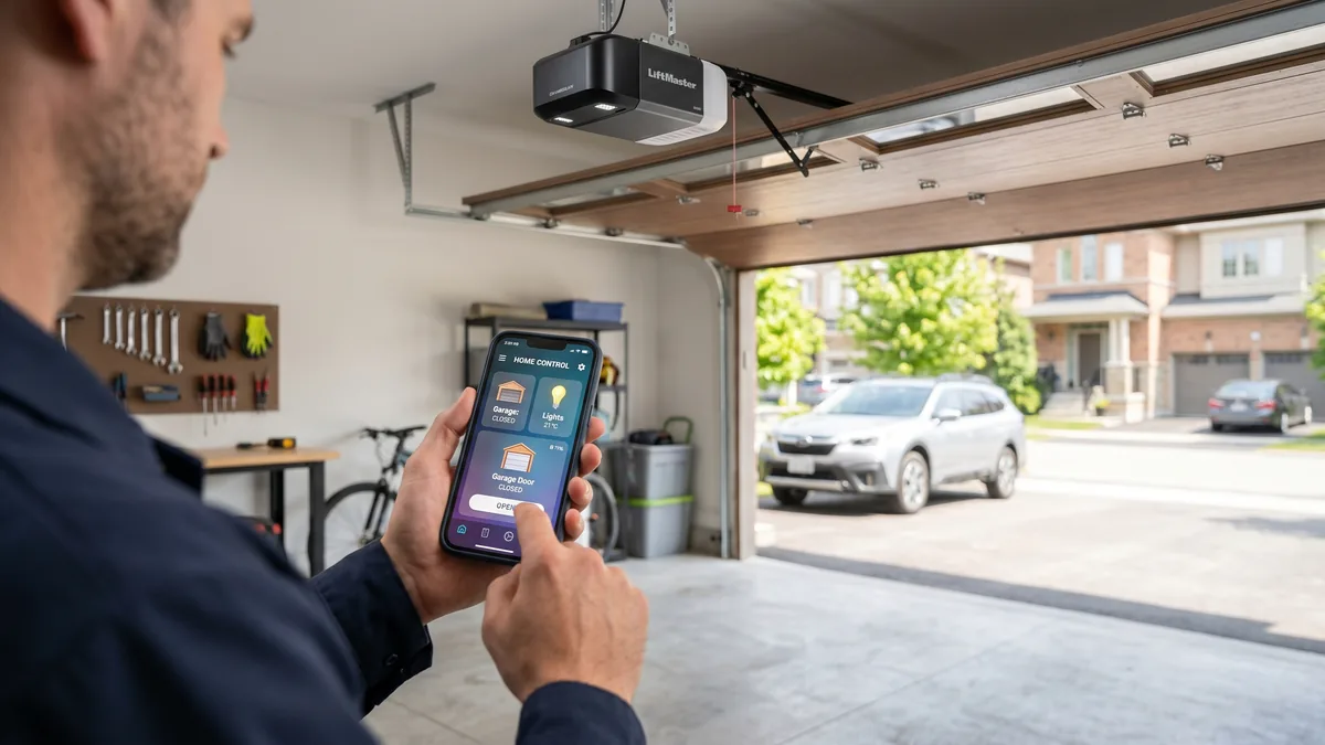 Smart garage door opener motor head with a Matter and Thread controller mounted on the wall
