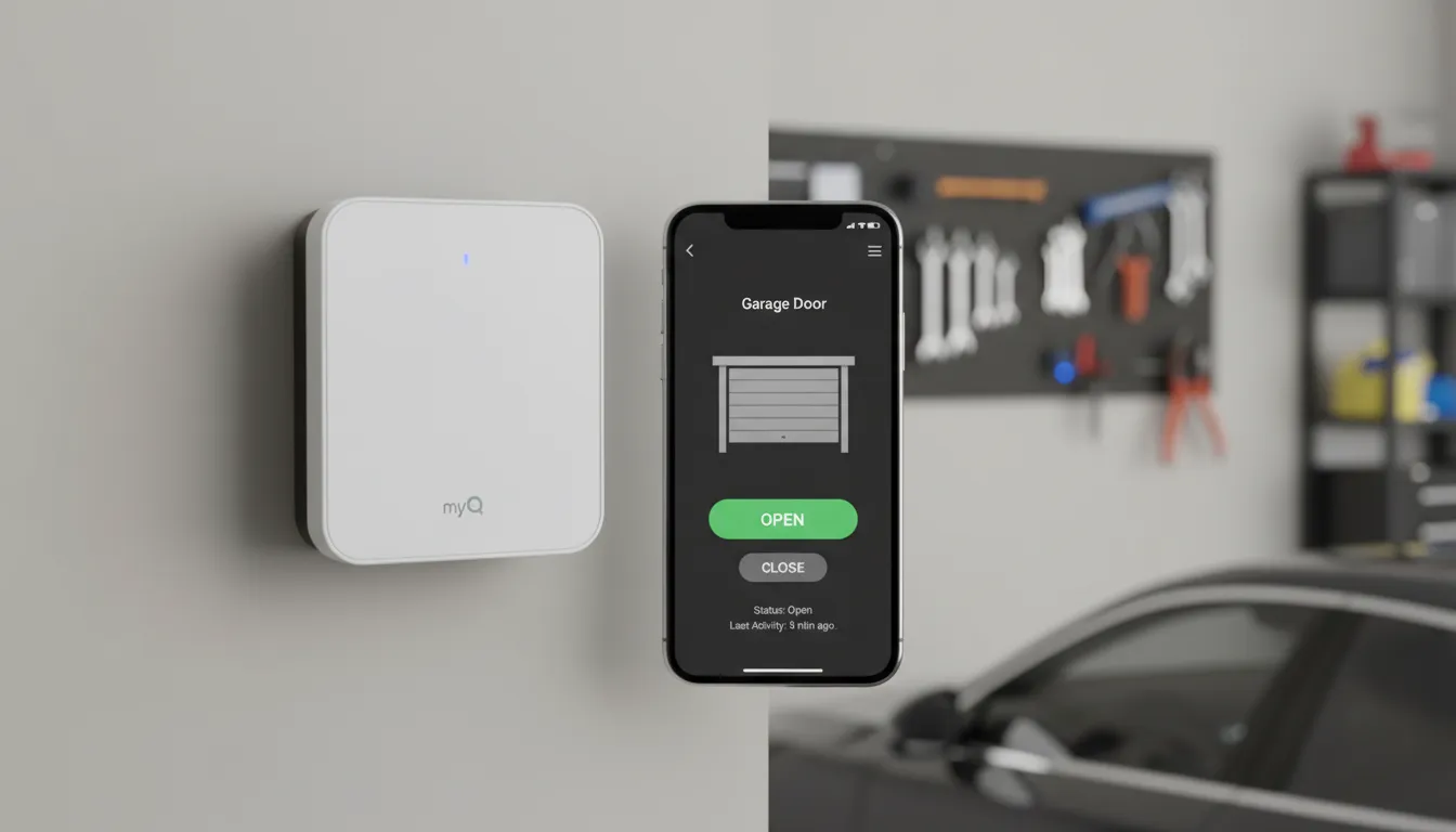 MyQ app interface on smartphone with garage door opener in background