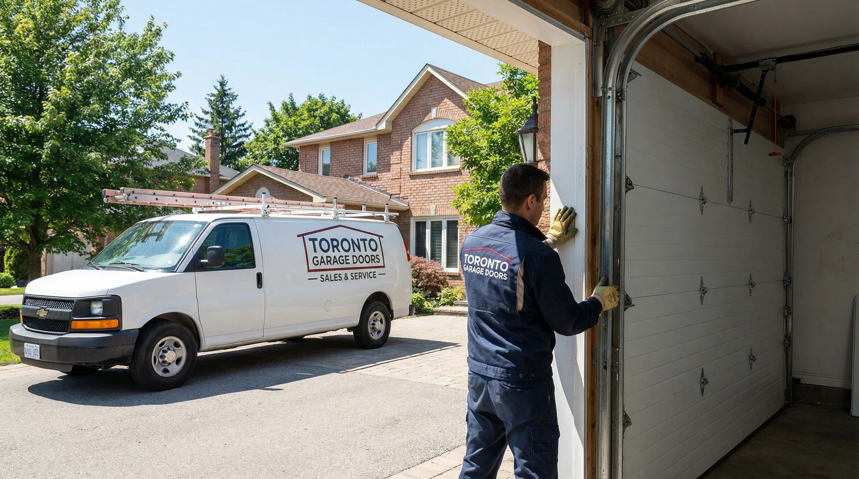 Professional garage door installation Toronto technician installing new steel sectional door