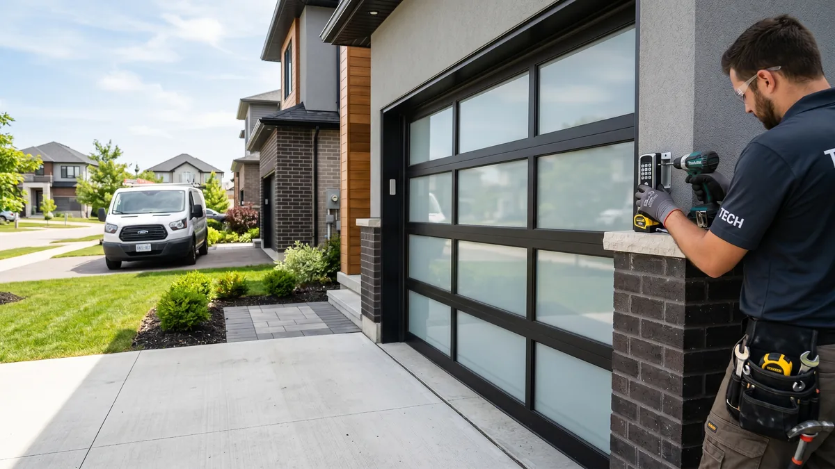 Attached residential garage with code-compliant photo-eye sensors and fire-separation man door in Ontario