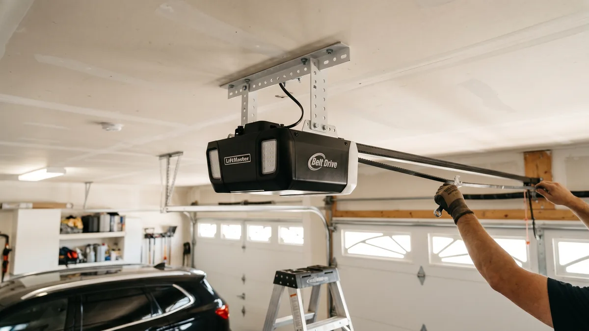 Garage door opener motor head being inspected for a buzzing or clicking electrical fault