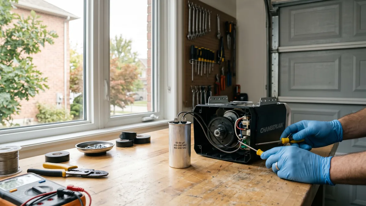 Garage door opener motor head with the cover removed showing the start capacitor