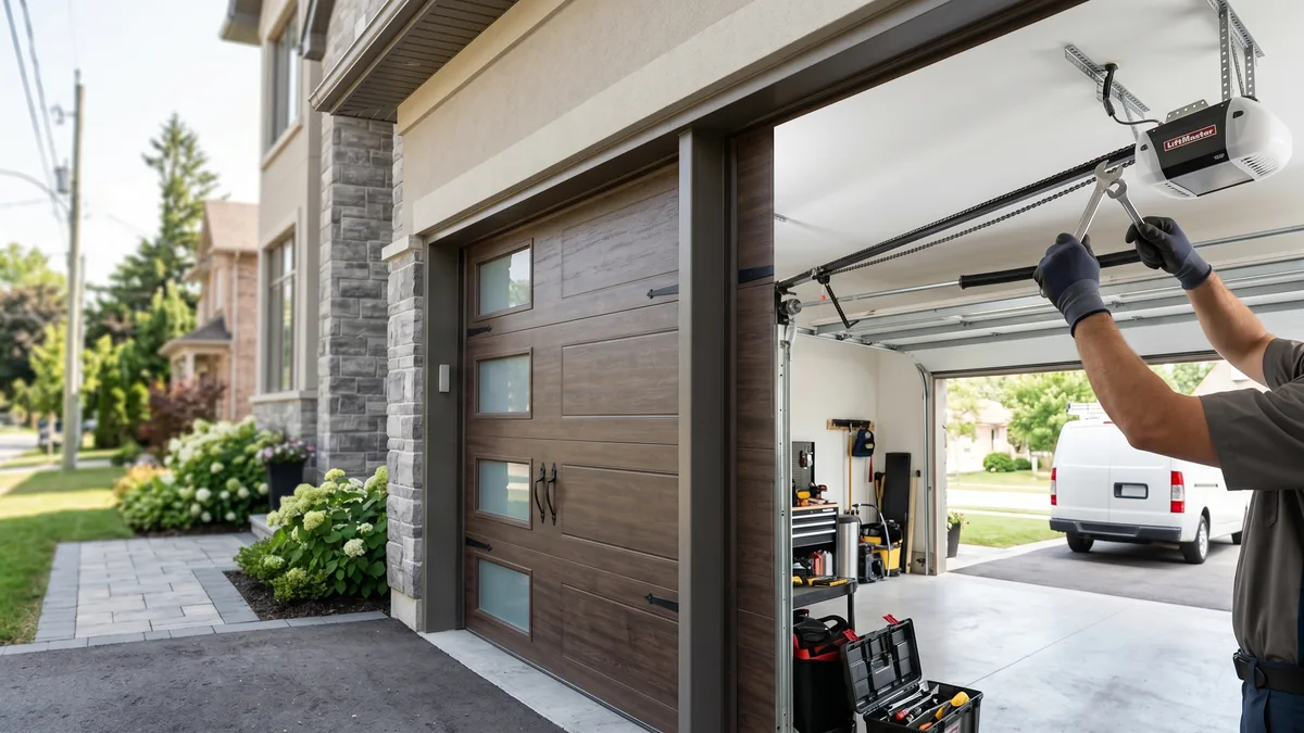 Belt drive DC garage door opener installed on a heavy insulated double garage door