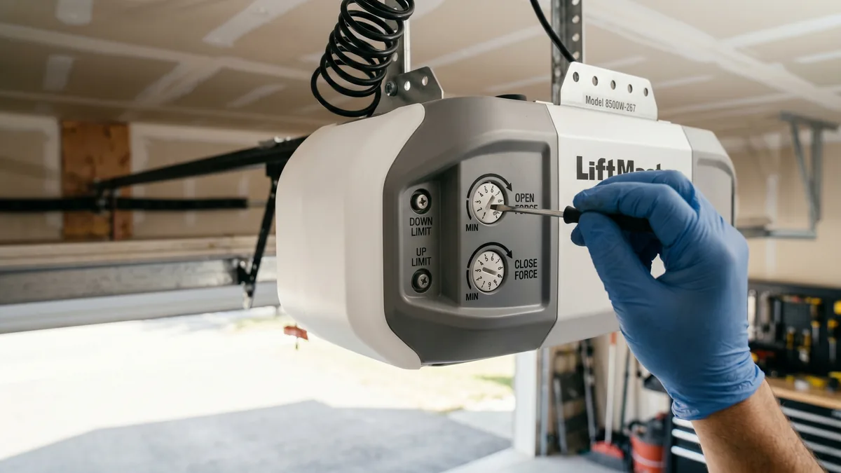 Garage door opener motor head showing open force and close force adjustment dials