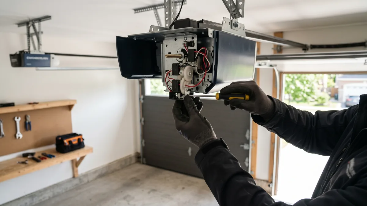 Garage door opener motor head showing limit switch and travel adjustment controls