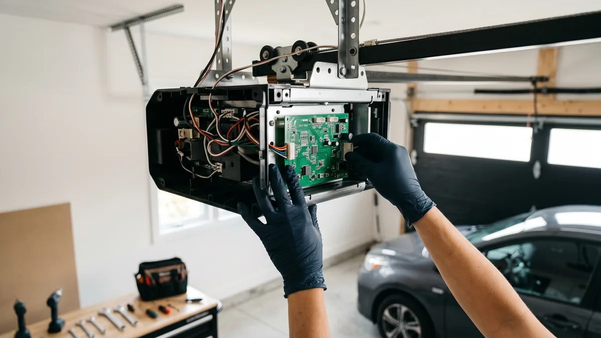 Technician replacing the green logic circuit board inside a residential garage door opener motor head