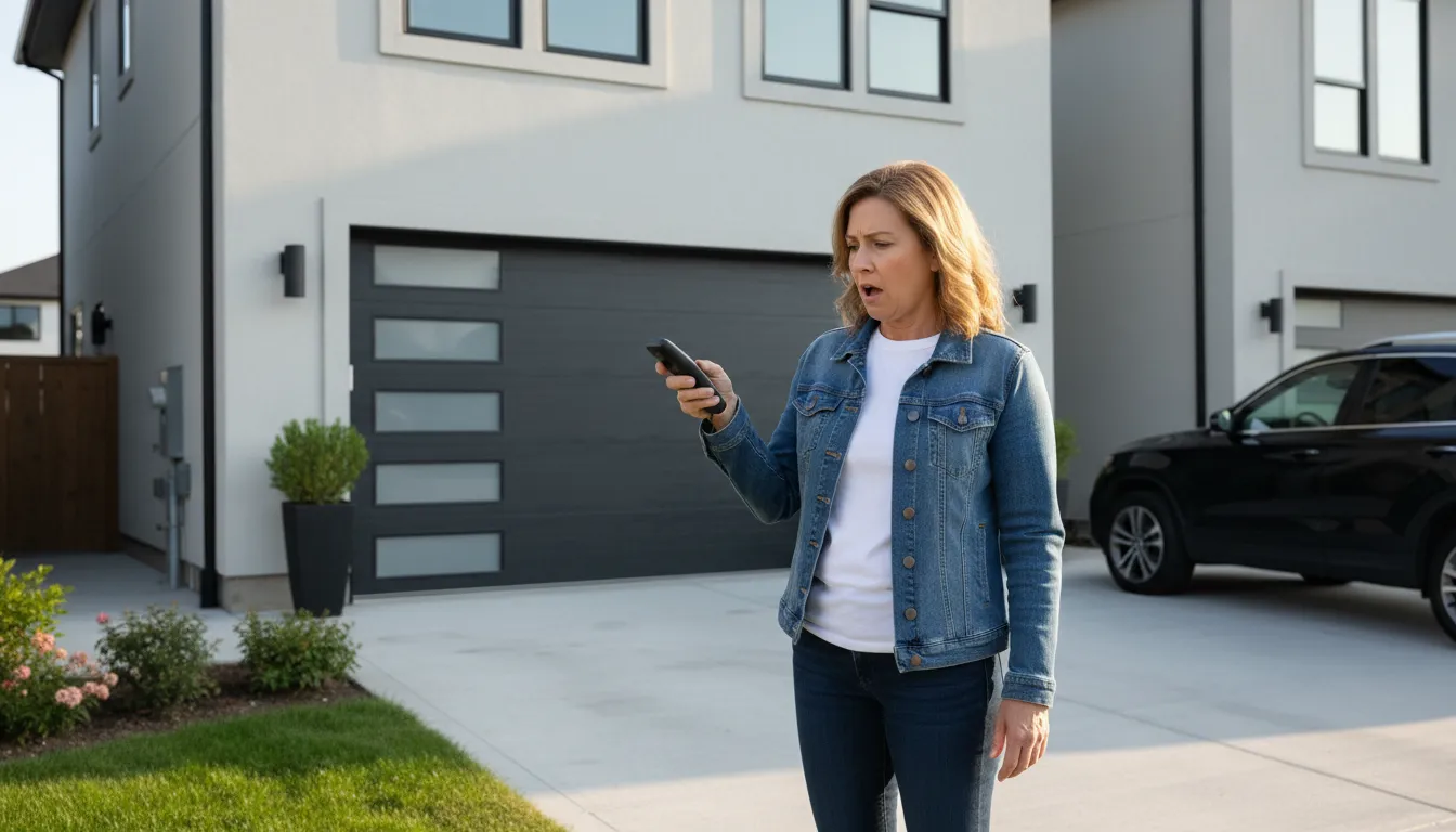 Homeowner troubleshooting garage door opener with remote