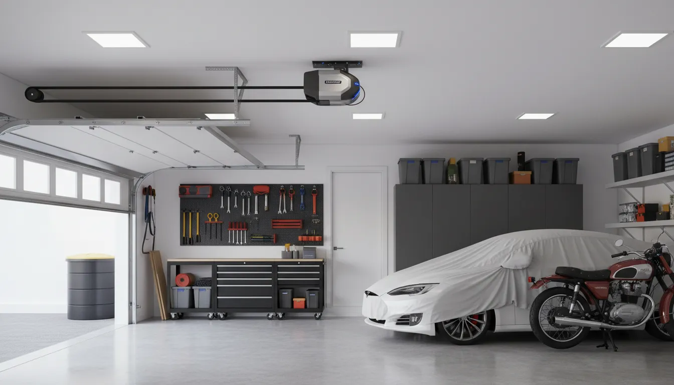 Modern belt-drive garage door opener mounted on ceiling