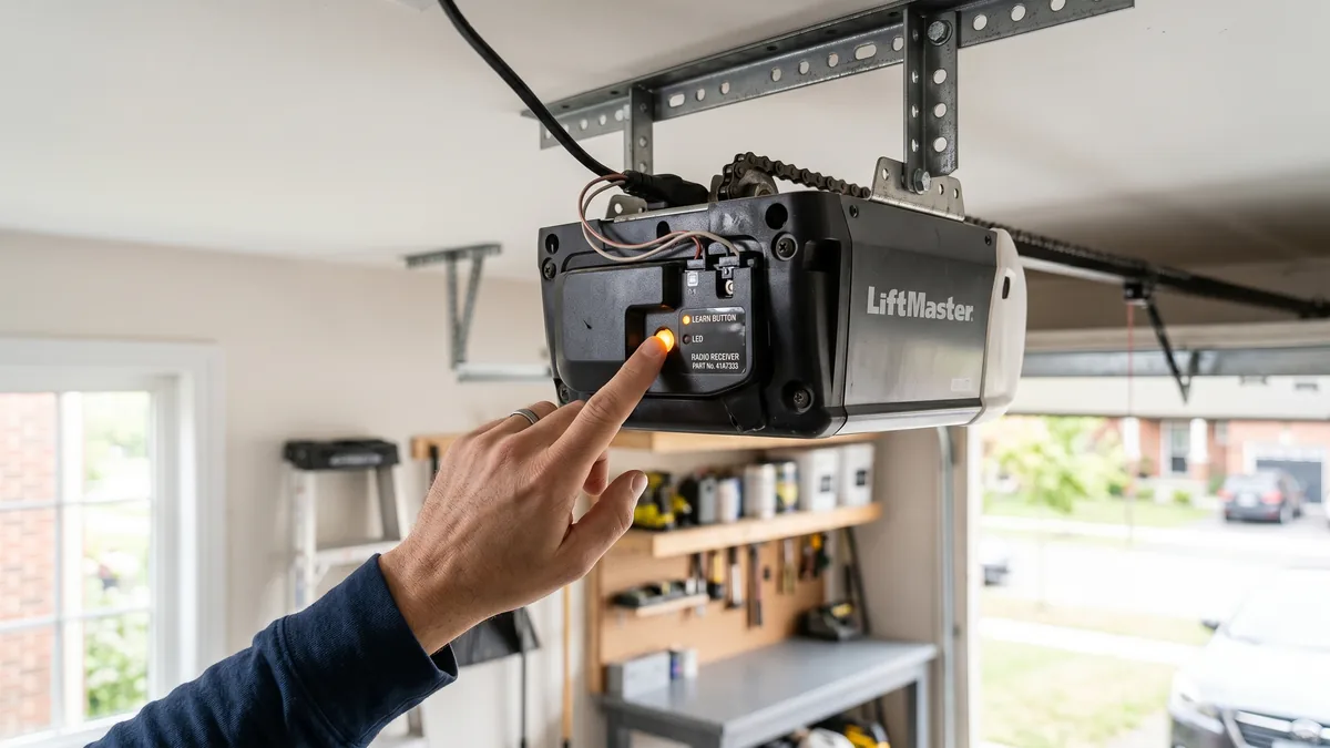 Garage door opener motor head with LEARN button being pressed to program a remote