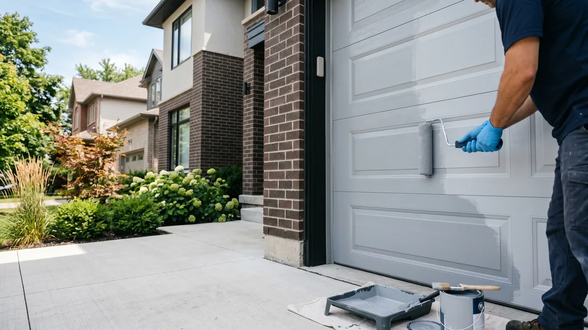 Homeowner rolling fresh paint onto a steel garage door panel on a dry summer day in the GTA