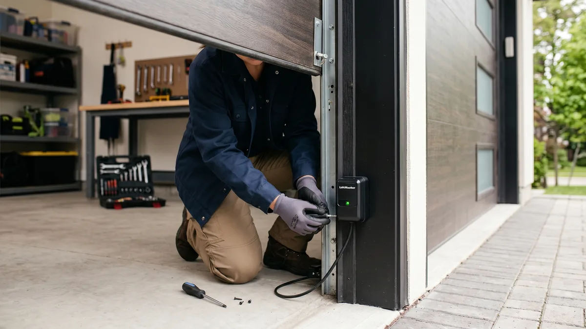Technician aligning a garage door photo-eye safety sensor near the bottom of the track in a GTA garage