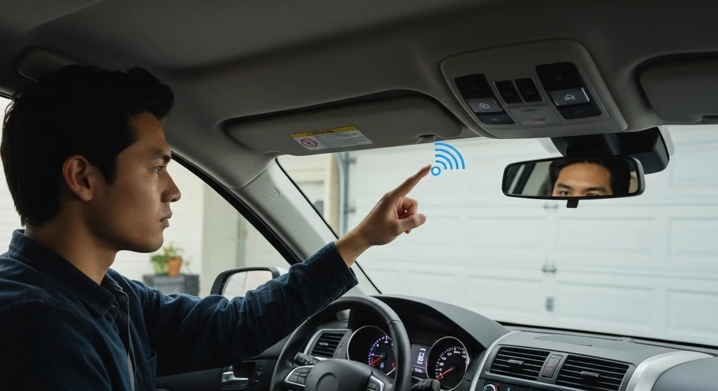 Car visor showing HomeLink buttons for programming garage door opener