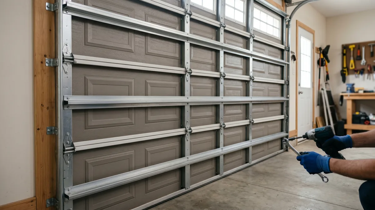 Technician bolting a horizontal steel strut across a garage door panel to reinforce it against wind in a GTA garage