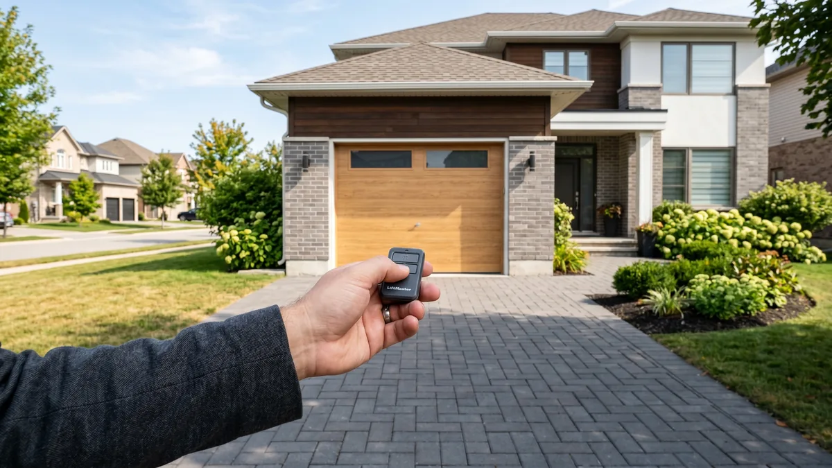 Hand holding a garage door remote pointed at an opener motor head with antenna wire visible