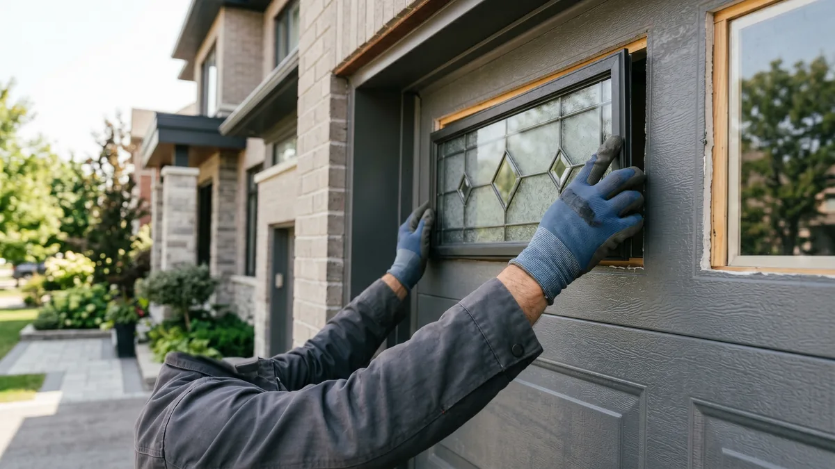 Decorative garage door window insert with a two-piece plastic retainer frame