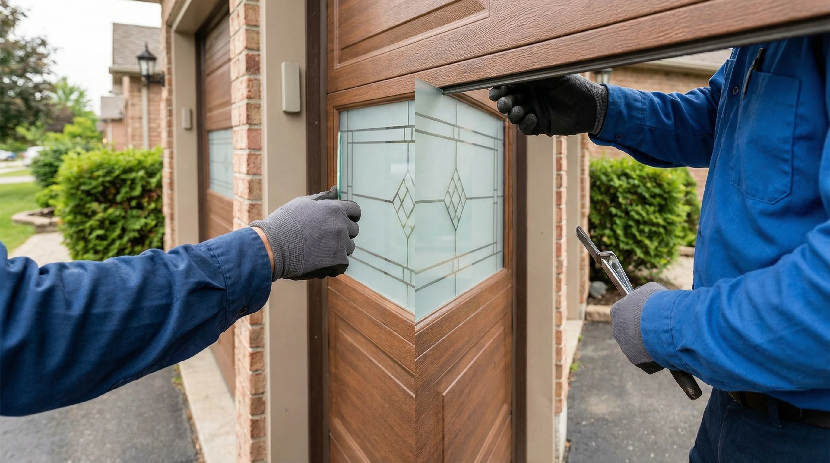 Hands removing cracked glass panel from garage door window frame